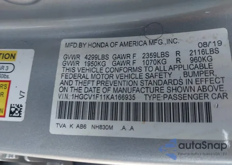 2019 Honda Accord Lx from USA, damaged, VIN 1HGCV1F11KA166935